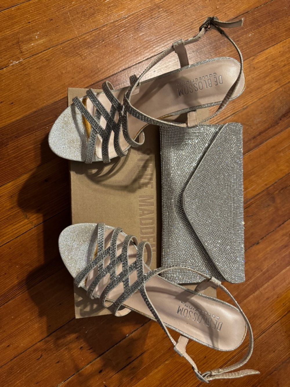 De Blossom Collection Silver Glitter Strappy Heels with Matching Clutch